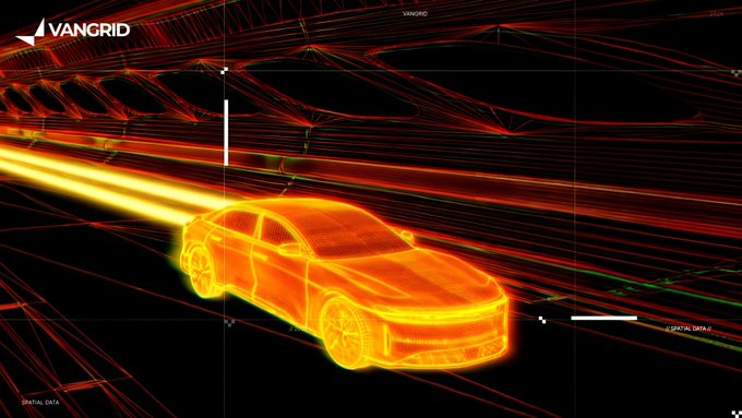 A digital visualization by 'VANGRID' showing a glowing orange wireframe car with heat-map style visualization trails behind it.