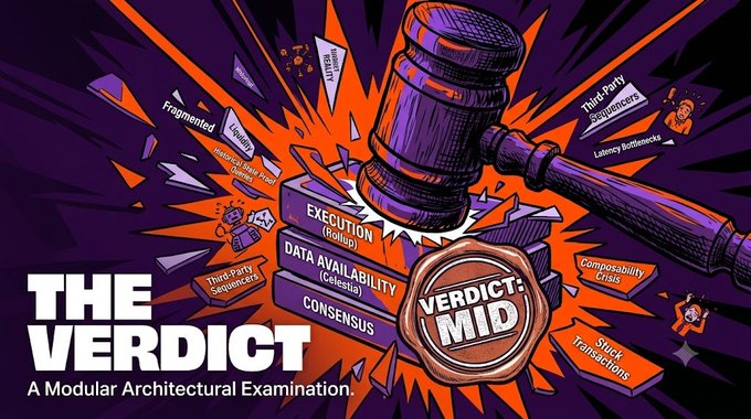 A graphic titled "THE VERDICT: A Modular Architectural Examination" features a judge's gavel striking books labeled "Execution (Rollup), Data Availability (Celestia), Consensus," with a final stamp reading "Verdict: MID." Surrounding elements reference common frustrations of working with modular stacks—including "Fragmented Liquidity," "Latency Bottlenecks," "Composability Crisis," "Stuck Transactions," "Third-Party Sequencers," and "BloatParty Bouncers"—visually capturing the post's theme of a weekend spent wrestling with the practical headaches of building on Celestia and hitting an underwhelming, mid-tier outcome.