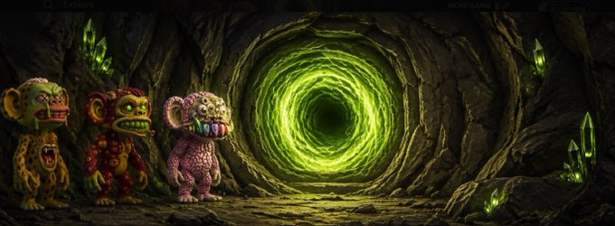 Dark cave scene with three colorful troll-like creatures standing before a glowing green swirling portal, with crystal formations around them.