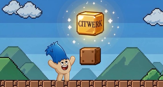 A pixel-art style image showing a blue-haired cartoon character standing on a brick platform beneath a glowing golden block labeled 'CITWERK' and a brown crate, set against a sky with clouds and mountains.