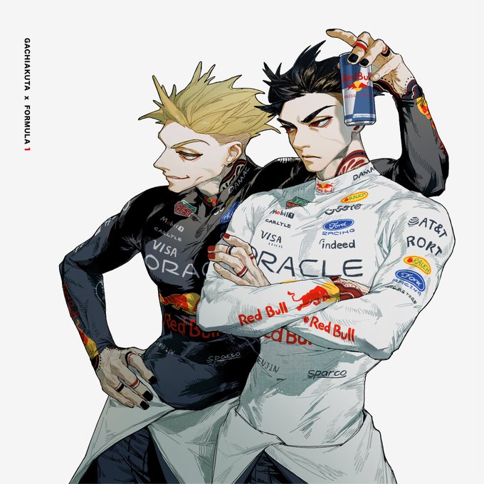 The image depicts two stylized anime-style characters in Red Bull racing suits with visible sponsor logos including Oracle, Visa, Mobil, Ford, AT&T, ROKT, and Sparco, with one drinking from a Red Bull can. The text "GACHIAKUTA × FORMULA 1" appears in the corner, tying the F1-themed artwork to the caption about Red Bull having "the strongest ENGINE" — a play on words referencing both their F1 powertrain and the Gachiakuta anime's mechanical themes.