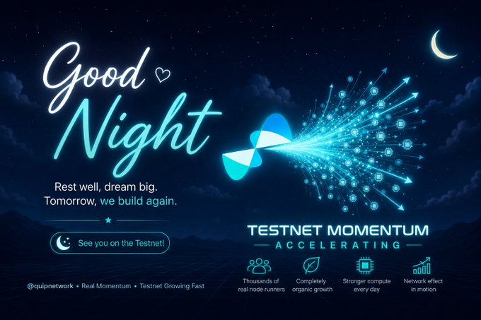 A dark, starry night-themed graphic features 'Good Night' and 'Rest well, dream big. Tomorrow, we build again.' in neon text, promoting 'TESTNET MOMENTUM ACCELERATING' for @quipnetwork with icons highlighting real node runners, organic growth, compute, and network effects.