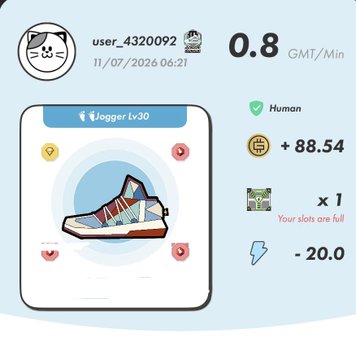 A digital game/reward interface showing user_4320092 on 11/07/2026 at 06:21 with 0.8 GMT/Min, a 'Jogger Lv30' achievement card depicting a sneaker, and rewards of +88.54, x1 (with 'Your slots are full' warning), and -20.0.