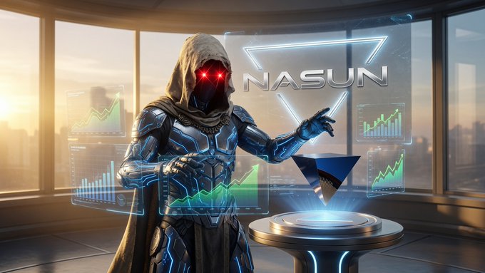 A hooded futuristic warrior with glowing red eyes interacting with holographic charts and the "NASUN" logo, with a triangular Ethereum-style symbol in the foreground.
