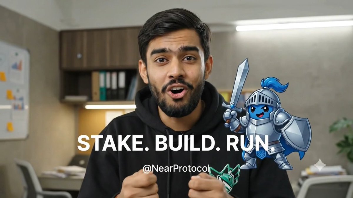 Man in a black hoodie speaking to the camera with text overlay 'STAKE. BUILD. RUN.' and '@NearProtocol', accompanied by a cartoon blue knight character holding a sword.