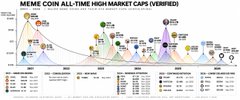 A chart titled 'MEME COIN ALL-TIME HIGH MARKET CAPS (VERIFIED)' displaying a bell curve-like distribution of various meme coins and their market caps plotted on a timeline.