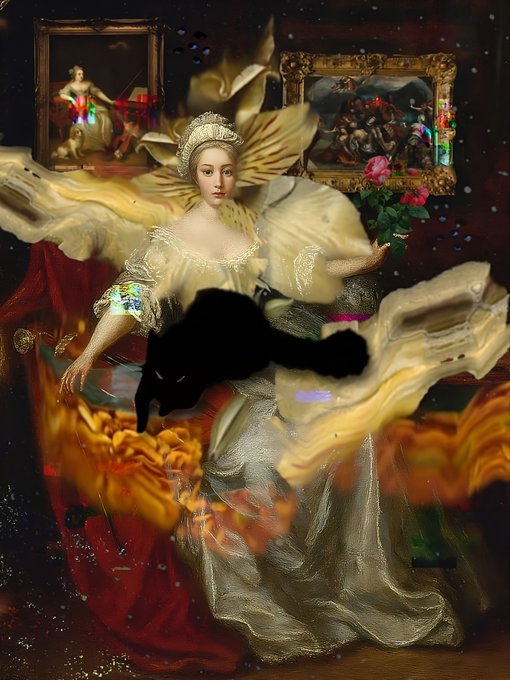 A surreal digital artwork featuring a classical portrait of a woman in an elaborate dress, overlaid with distorted black shapes and glitch effects, with framed paintings in the background.