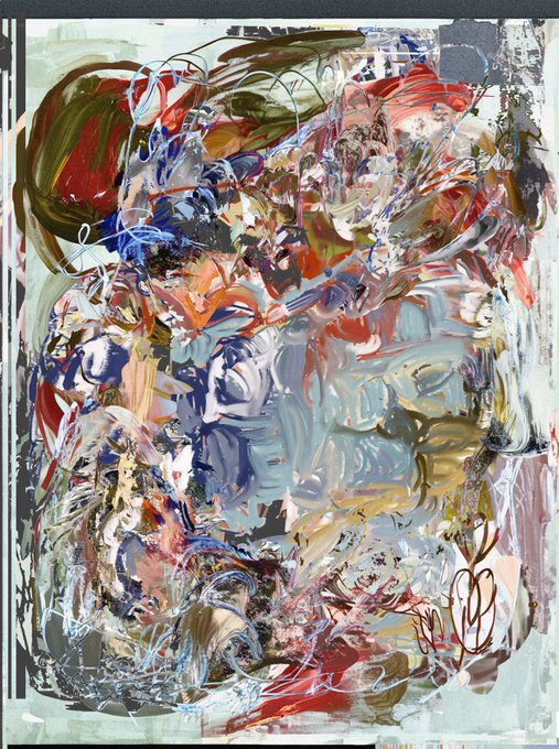 A vibrant, chaotic digital painting featuring thick, swirling brushstrokes of red, blue, white, yellow, and green that abstractly form two ghostly faces, embodying the "Ghost of the Brush" theme of Ilya Bliznets' curated drop on Objkt, launching July 7.