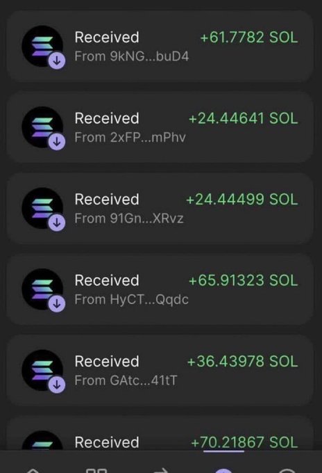 A mobile wallet screenshot showing multiple Solana (SOL) transactions received, with amounts like +61.7782 SOL, +24.44641 SOL, and +65.91323 SOL.