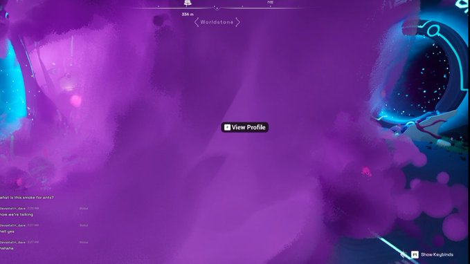 A vibrant purple-hued scene from a video game labeled 'Worldstone,' showing a 'View Profile' prompt and a chat interface with messages like 'what is this anime for ants?' and 'meow.', with a starry space portal on the right.