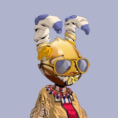 A stylized 3D character with a golden spherical head, white and blue horns, and reflective sunglasses wears a beaded necklace and gold outfit, matching the post's announcement of a weekly subscriber wheel prize giveaway featuring NFT winners Rogues #3315 and xElementia #8640.