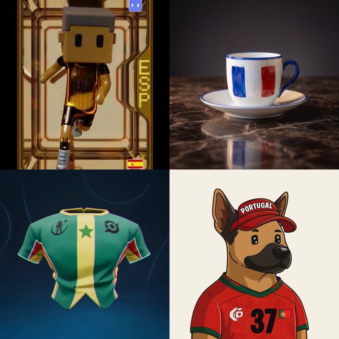 The image features a collage of four distinct photos, each showcasing a unique aspect related to the World Cup. The first photo depicts a person wearing a soccer jersey with the number 37 on it. The second photo showcases a dog wearing a soccer jersey as well. The third photo displays a cup and saucer set in a dark room, possibly representing a coffee break during the event. The fourth photo features a cartoon of a dog wearing a soccer jersey along with a hat that says "World Cup". These images collectively convey the excitement and spirit of the World Cup through various elements such as sports attire, beverages, and animal characters.