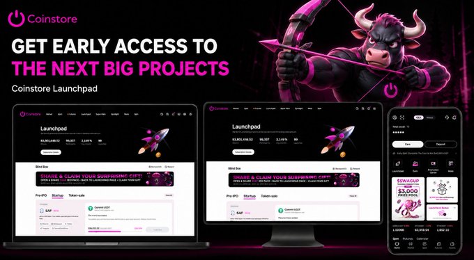 The image is a promotional banner for Coinstore Launchpad, featuring the tagline "GET EARLY ACCESS TO THE NEXT BIG PROJECTS" alongside a pink-masked bull archer character. It showcases the Coinstore Launchpad interface displayed across laptop, desktop, and mobile screens, with visible project details like "SIP," "$3,000" rewards, and a "Win Bie" promotional banner. The design reinforces the post's message by visually highlighting early-stage crypto investment opportunities and transparent participation across multiple devices.