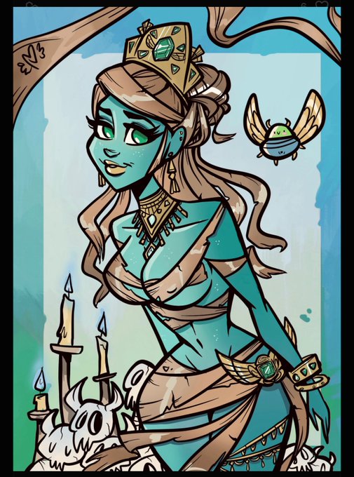 An illustrated fantasy portrait of a teal-skinned elf-like woman with flowing brown hair, wearing a jeweled crown, necklace, and decorative wrappings, accompanied by a small winged creature and candles in the foreground.