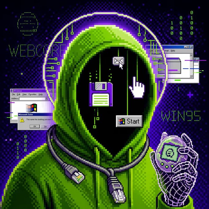 Pixel art showing a green-hooded figure with a void face displaying Windows icons, a floppy disk, a hand cursor, and a Start button, with binary code, circuit lines, and the text 'WEBCORE' and 'WIN95' on a purple background.