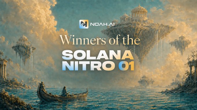 A fantastical scene shows a figure in a rowboat on a misty sea surrounded by floating islands with classical architecture, overlaid with text reading "NOAH.AI - Winners of the SOLANA NITRO 01," promoting the hackathon winners in a mystical, ethereal aesthetic that ties into the post about building games on Solana.