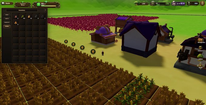 A screenshot from a farming or resource management video game showing an inventory menu on the left, tilled fields of crops in the foreground, and various buildings in the background.
