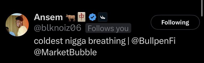 This image shows a Twitter profile for "Ansem" (@blknoiz06) with a "Follows you" notification, referencing the accompanying post about @blknoiz06 following the author. It also lists @BullpenFi and @MarketBubble.