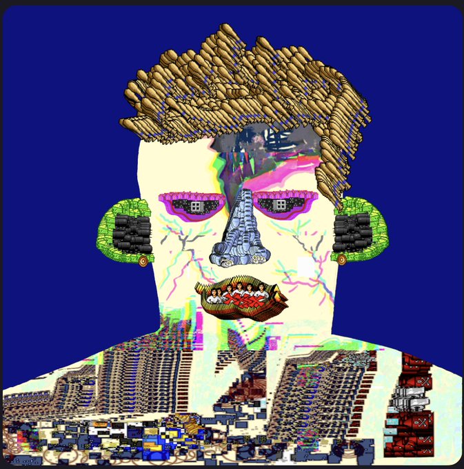 A surreal digital portrait depicts Frankenstein's Monster constructed from a patchwork of pixel art elements, with twisted brown hair, mismatched purple eyes, a metallic blue nose, green ear patches, and a boat-like mouth revealing teeth, all stitched together against a deep blue background with glitch-like color distortions and cityscape textures forming the body—fitting the "Frankenstein's Monster" theme by literally assembling disparate media parts into one creature, echoing the classic story's themes of constructed identity and fragmented being.