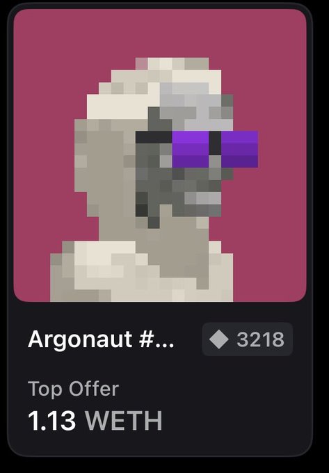 An NFT listing card for 'Argonaut #...' showing a pixelated gray figure with a purple visor, priced at 1.13 WETH (Top Offer, Token ID 3218).