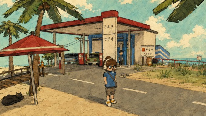 A girl in headphones stands at a deserted gas station, with Japanese signs reading "ミルク" (Milk), "ラジオ" (Radio), and "カラオケ アーミー" (Karaoke Army) adorning the pumps, accompanied by a small black cat sleeping under a red parasol.

The scene's quiet, solitary atmosphere of routine work—fuel, supplies, and a single traveler going about her day—visually echoes the post's theme of a daily grind, where players return each day to complete 240 tasks for Commits and XP to keep the game's economy running.