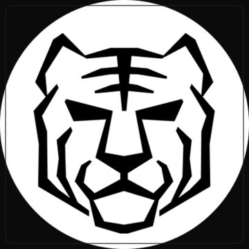A circular black and white logo featuring a stylized geometric lion's face with prominent mane, eyes, nose, and mouth details.