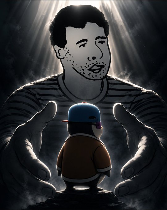 A towering, illustrated figure looms dramatically behind a small, cartoonish character in a baseball cap, with the giant's hands outstretched protectively as beams of light radiate from above. The image visually echoes the post's message about persistence and mentorship—suggesting that even when KOLs "quit" during down phases, guidance and resilience are needed to weather the cyclical ups and downs of InfoFi.