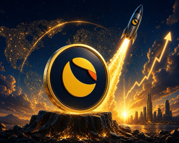 A golden LUNC coin sits atop a rocky outcrop with a rocket blasting off behind it against a world map and rising arrow, visually representing the cryptocurrency's strong 2-7% daily gain and surging $46M trading volume noted in the post.