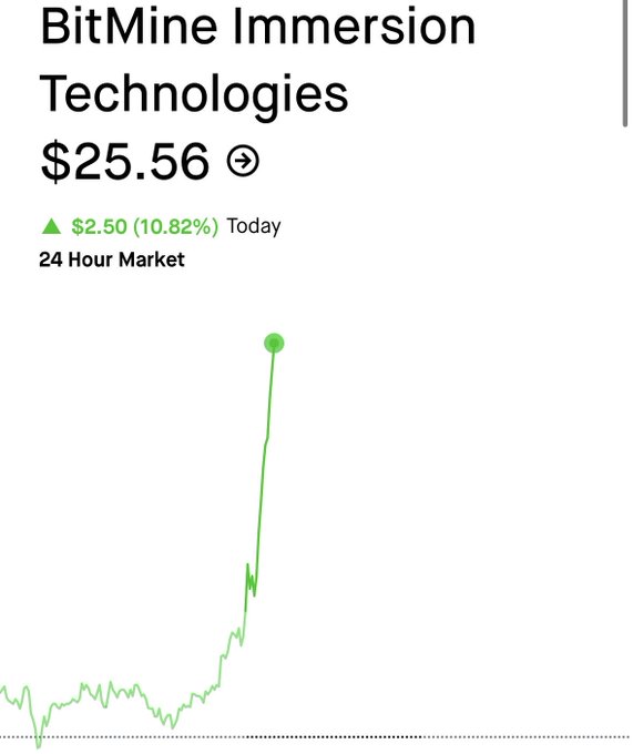A stock price chart for BitMine Immersion Technologies (ticker $BMNR) shows the price at $25.56, up $2.50 (10.82%) today, with a dramatic spike near the end of the 24-hour market reflecting the post's claim that $BMNR is skyrocketing.