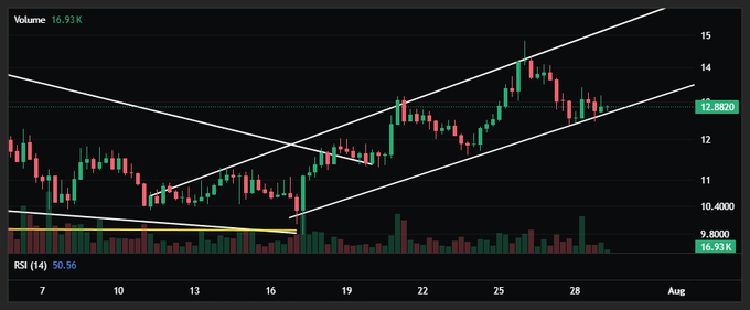 A 6-hour candlestick chart of $VVV shows price action ranging between $10.40 and $12.82, with volume at 16.93K and RSI at 50.56, illustrating the prolonged accumulation pattern that the post suggests is nearing a breakout to higher levels.