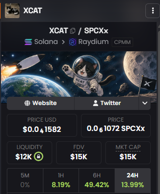 A cryptocurrency tracking screenshot shows the 'XCAT' token on Solana/Raydium with a price of $0.01582, liquidity of $12K, FDV of $15K, and market cap of $15K, displaying 24-hour gains of 13.99%.