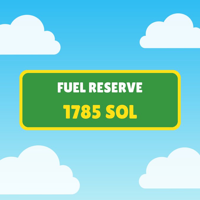 A simple graphic showing a green sign with yellow border displaying 'FUEL RESERVE 1785 SOL' against a blue sky with white clouds, likely referring to a Solana cryptocurrency project.