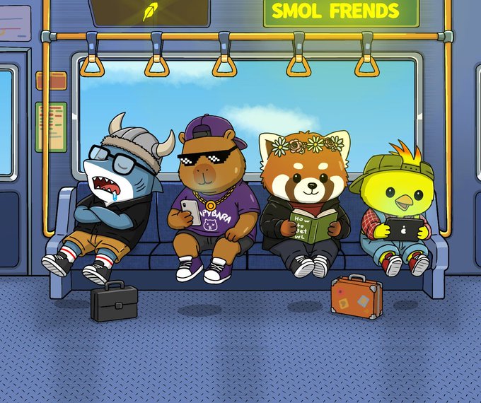 Four cartoon characters—a drooling shark, a cap-wearing bear with pixel sunglasses, a red panda reading "How to Act Sus," and a yellow bird with a flame crest—sit on a subway bench beneath a sign reading "SMOL FRENDS," accompanying a tweet announcing a 5 GTD giveaway for the upcoming Smol Frends NFT mint.