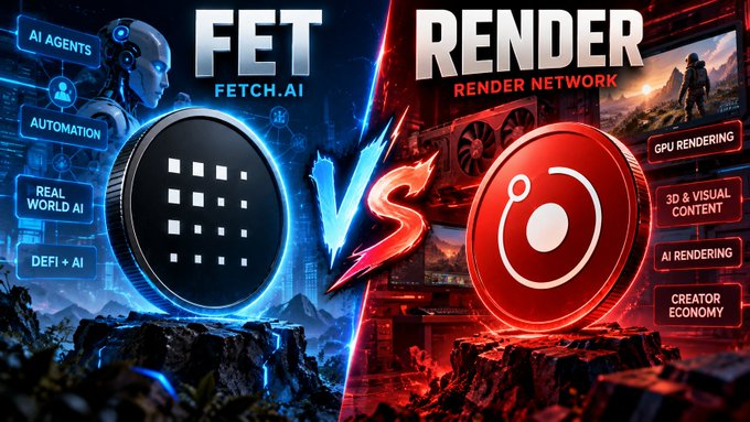 A 'VS' promotional graphic comparing FET (Fetch.ai) for AI agents and automation against RENDER (Render Network) for GPU rendering and 3D content.