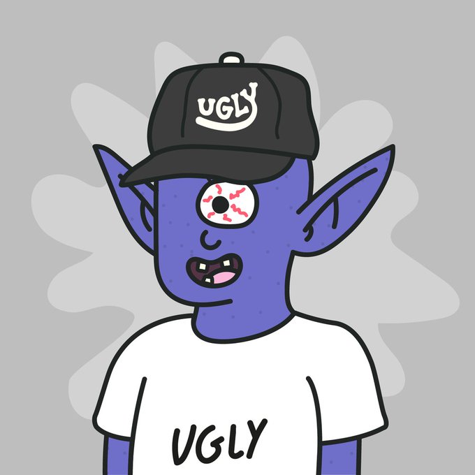 A cartoon illustration of a blue cyclops-like creature with pointed ears, wearing a black cap labeled 'UGLY' and a white t-shirt also reading 'UGLY' against a gray background.