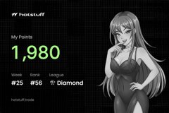 A screenshot from hotakuff showing 'My Points' of 1,980, with #25 World rank, #58 Boosty rank, and Diamond League, alongside an anime-style female character.