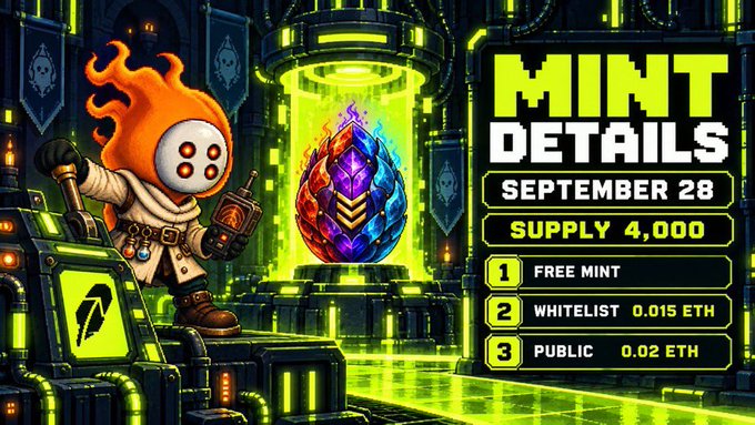 Promotional graphic for a 'MINT DETAILS' NFT drop scheduled for September 28th with a supply of 4,000, listing free mint, whitelist at 0.015 ETH, and public sale at 0.02 ETH, featuring a flame-headed character next to a colorful gem.