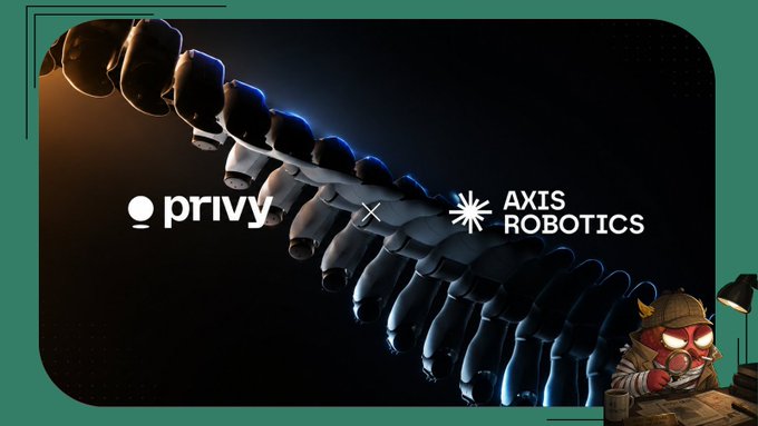 The image displays a partnership announcement between "Privy" and "AXIS ROBOTICS," featuring their logos over a stylized robotic spine against a dark background, with a small red raccoon mascot in the corner. The post highlights how their collaboration has onboarded 150K+ contributors with social login, emphasizing the role of data infrastructure in scaling Physical AI.