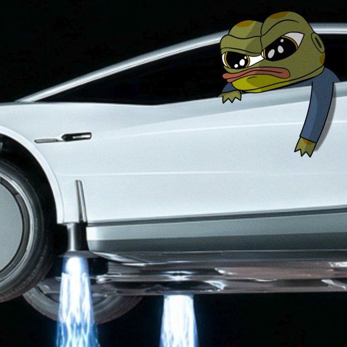 A photoshopped image of a white sports car (resembling a Tesla Cybertruck or similar vehicle) with rocket-like blue flames shooting from the underside, and a cartoon Pepe the Frog character hanging out of the window.