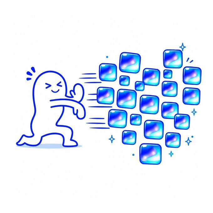 A cartoon ghost with a determined expression pushes forward a swarm of glossy blue and purple gradient cubes, symbolizing energy and momentum. The action-packed illustration complements the "Monday vibes: Gm @base" post, evoking a playful "let's go" spirit for the start of the week.