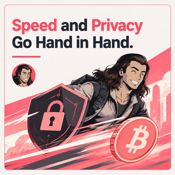 The image is a stylized illustration featuring a smiling, long-haired character running while holding a digital shield emblazoned with a padlock, alongside a Bitcoin (₿) coin, with the headline "Speed and Privacy Go Hand in Hand." It visually reinforces the post's message that the next crypto wave will deliver both rapid performance and robust encryption as inseparable features, not tradeoffs.