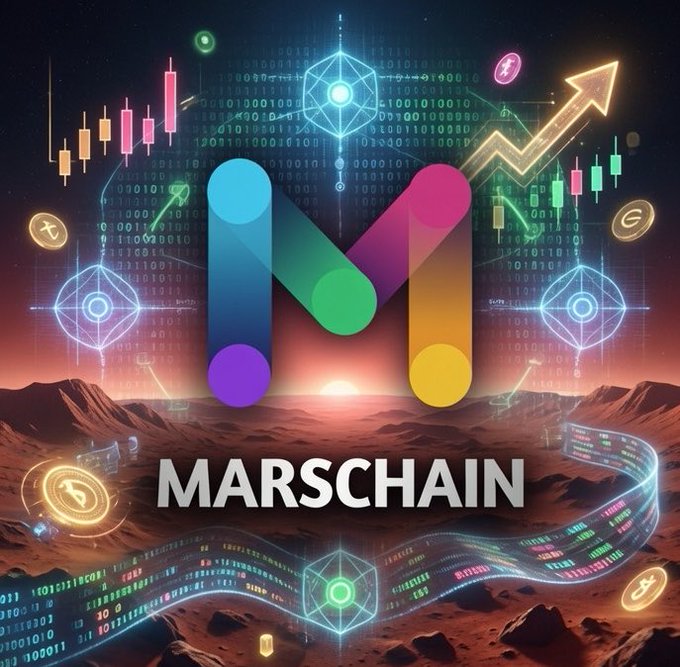 The image features a colorful poster for MarsChain, which is an online marketplace that allows users to buy and sell digital assets such as cryptocurrencies. The poster includes various elements related to cryptocurrency trading, including a mountain range with a rainbow gradient background, a blue and green "M" logo, and a variety of coins scattered throughout the scene. The text on the poster reads "MarsChain" and "PoC", indicating that it is an online marketplace for digital asset trading or mining.
