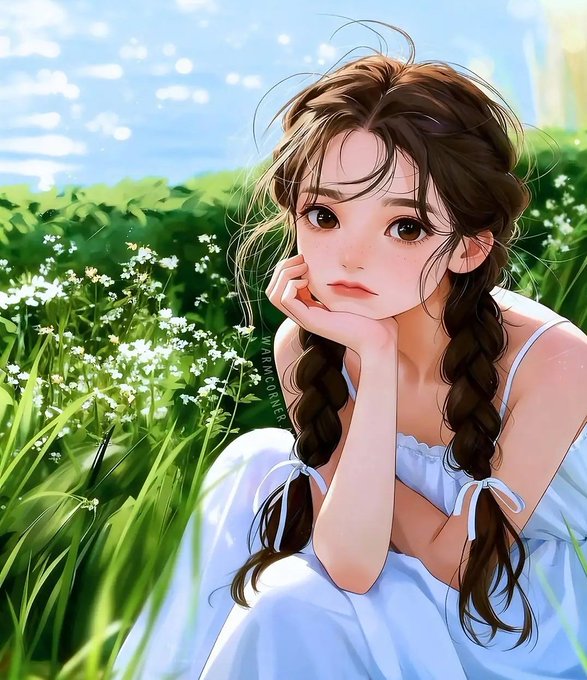 A digital illustration of a young woman with brown braided hair, resting her chin on her hands in a field of white flowers, with a watermark reading "@MUXCNER" visible on her shoulder. The serene, dreamy aesthetic of the image doesn't directly relate to the promotional post about Tria's VIP Trading Badges and trading benefits.