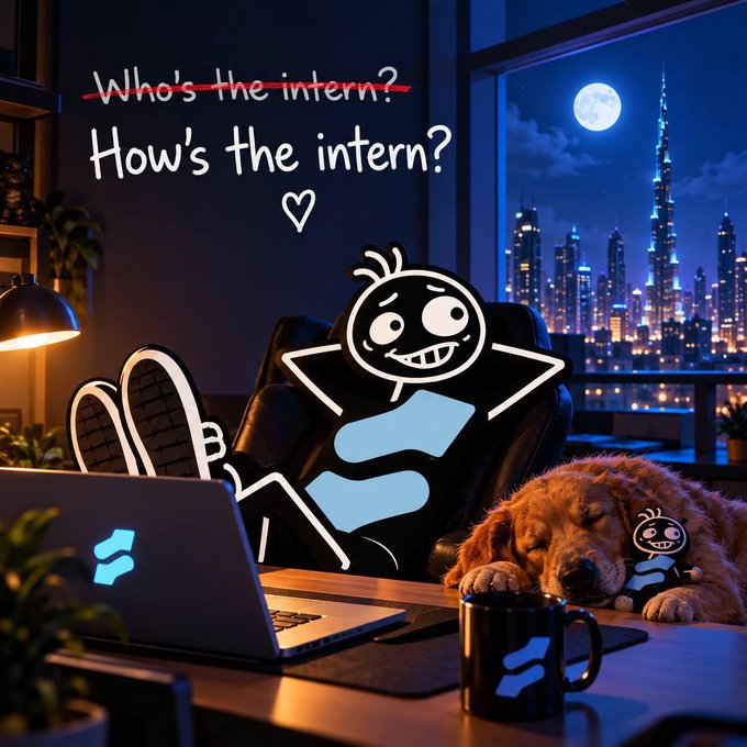 A stylized image showing a cartoon character sitting at a laptop with their feet up next to a sleeping golden retriever, with text reading 'Who's the intern?' crossed out and replaced by 'How's the intern?' against a night cityscape backdrop.