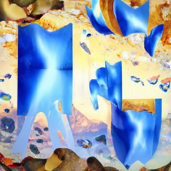 An abstract digital artwork features glossy, fluid blue shapes overlaid on a textured background of yellow, orange, and rocky patterns.