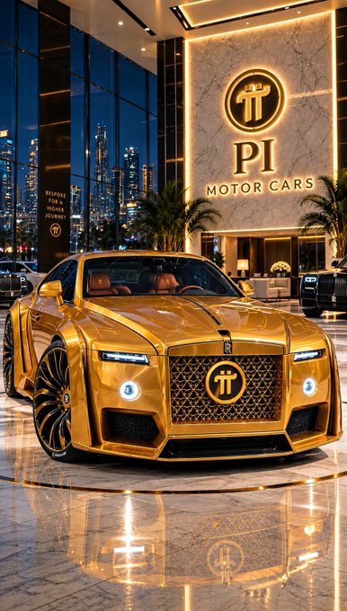 A gold luxury sports car with a large grille and “PI” emblem is parked outside a brightly lit showroom marked “PI MOTOR CARS.”