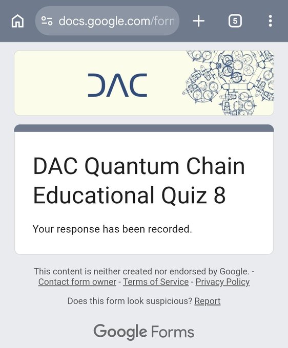 The image shows a screenshot of a webpage where a DAC Quiz has been posted for people to take. There are multiple questions related to topics such as entropy-padded transaction formats and proof of quantum work, which might be challenging for some users due to their technical nature. A note is also displayed on the screen indicating that the quiz has been completed by an external party. The post was shared on social media sites and has received a positive response from users who found it helpful.