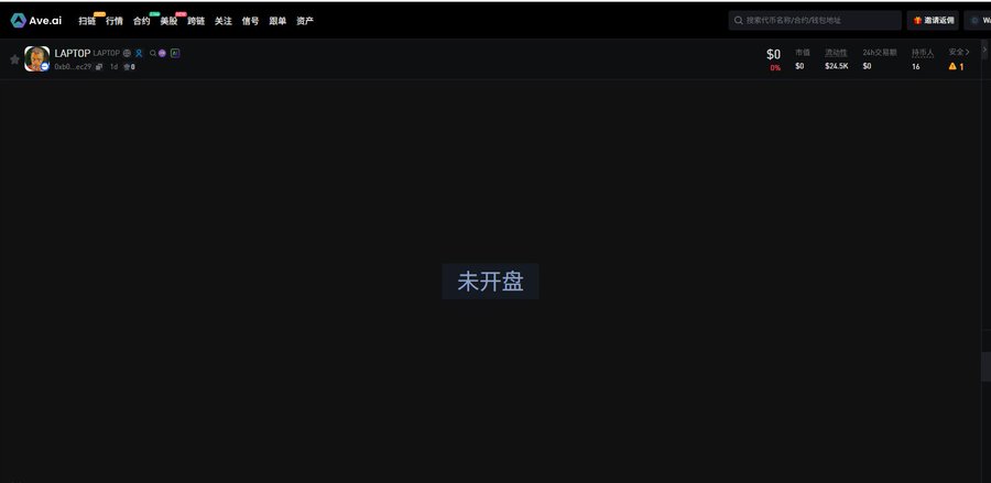 A dark-themed Ava.ai trading dashboard displays the $LAPTOP token, which shows a market cap of $24.5K, 16 holders, and "未开盘" (not yet opened) status, reflecting the user's frustration about missing $4stock's re-peg and their upcoming position on the Base chain $LAPTOP narrative play.