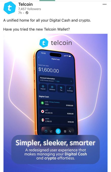 LinkedIn post from Telcoin (7,457 followers) promoting their new Telcoin Wallet app with the tagline 'Simpler, sleeker, smarter' and showing a Digital Cash balance of $1,600.00.