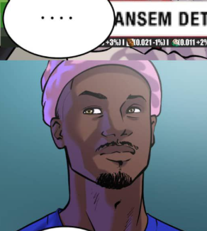 A digital illustration of a man with pink hair, a goatee, and a sly half-smile in a comic panel, with text bubbles reading "...." and "ANSEM DET" alongside ticker values like "+5%, 0.021, 2%." The art complements the post's playful nod to the character as crypto lore, capturing his mischievous, unbothered expression as if caught mid-escape from market chaos.
